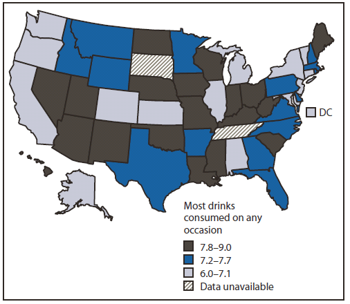 The figure shows the intensity of binge drinking among adults in the United States during 2010, as determined from the Behavioral Risk Factor Surveillance System combined landline and cellular telephone developmental dataset. States with the highest intensity of adult binge drinking generally were located in the southern Mountain states and Midwest, and included some states (e.g., Louisiana, Mississippi, New Mexico, South Carolina, and Utah) that had a lower prevalence of binge drinking.